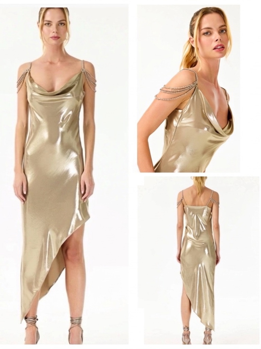 NWT MY BEACHY SIDE Charlotte Bronze  Beaded Arms Shimmer Asymmetrical dress sz m